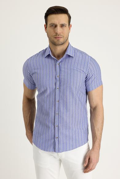 Erkek Giyim - SAKS MAVİ L Beden Kısa Kol Desenli Gömlek