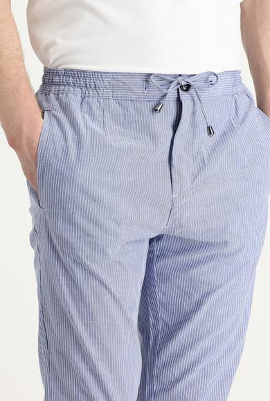 Erkek Giyim - MAVİ 54 Beden Slim Fit Beli Lastikli İpli Çizgili Spor Pantolon