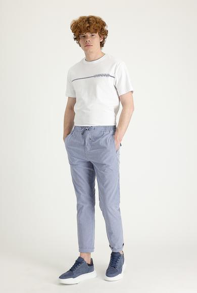 Erkek Giyim - MAVİ 48 Beden Slim Fit Beli Lastikli İpli Çizgili Spor Pantolon