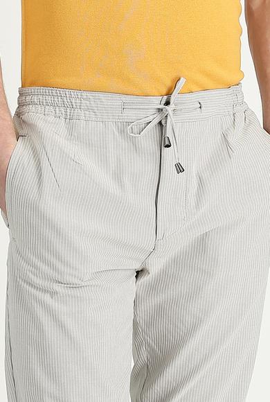 Erkek Giyim - ORTA BEJ 48 Beden Slim Fit Beli Lastikli İpli Çizgili Spor Pantolon
