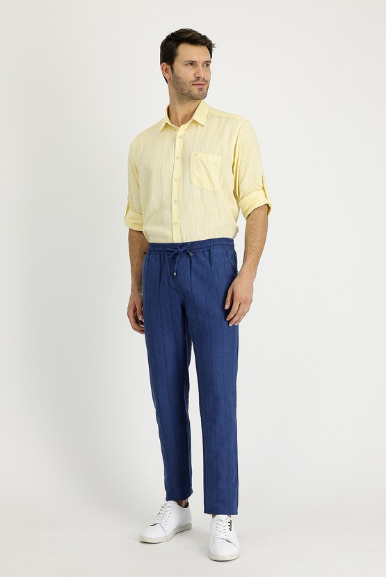 Erkek Giyim - Slim Fit Beli Lastikli İpli Çizgili Spor Keten Pantolon