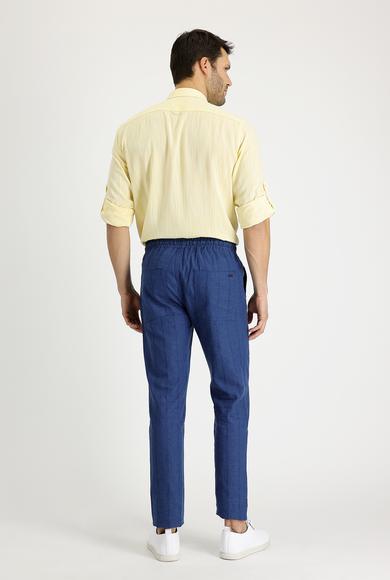 Erkek Giyim - KOYU LACİVERT 58 Beden Slim Fit Beli Lastikli İpli Çizgili Spor Keten Pantolon