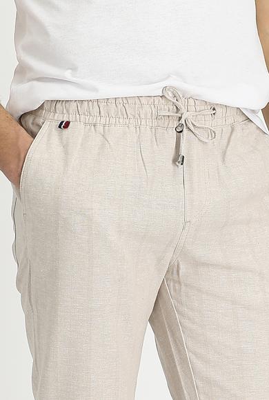 Erkek Giyim - ORTA BEJ 50 Beden Slim Fit Beli Lastikli İpli Çizgili Spor Keten Pantolon