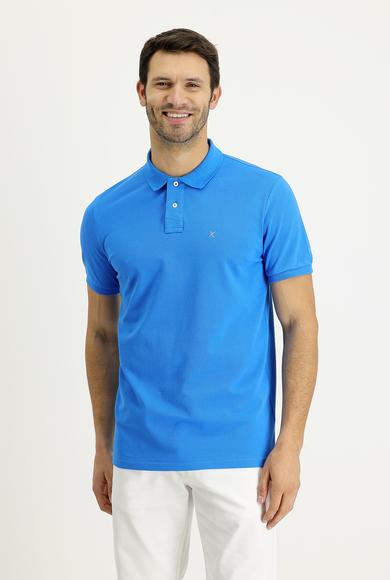Erkek Giyim - SU MAVİSİ XL Beden Polo Yaka Regular Fit Nakışlı Tişört