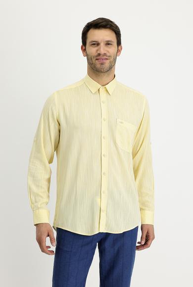 Erkek Giyim - LİMON SARI L Beden Uzun Kol Regular Fit Desenli Keten Gömlek