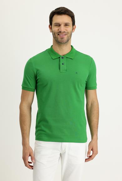 Erkek Giyim - ÇİMEN YEŞİLİ M Beden Polo Yaka Slim Fit Nakışlı Tişört