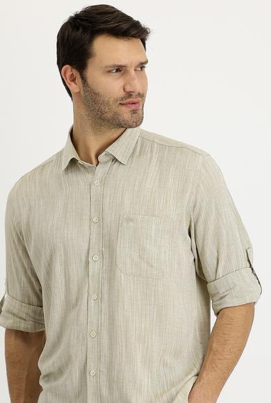 Erkek Giyim - KOYU BEJ XXL Beden Uzun Kol Regular Fit Desenli Keten Gömlek