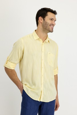 Erkek Giyim - LİMON SARI L Beden Uzun Kol Regular Fit Desenli Keten Gömlek