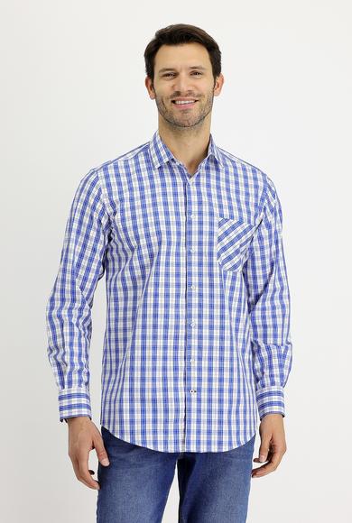 Erkek Giyim - SAKS MAVİ L Beden Uzun Kol Regular Fit Ekose Gömlek