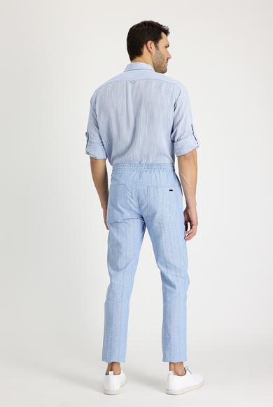 Erkek Giyim - MAVİ 56 Beden Slim Fit Beli Lastikli İpli Çizgili Spor Keten Pantolon