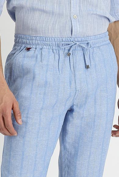 Erkek Giyim - MAVİ 56 Beden Slim Fit Beli Lastikli İpli Çizgili Spor Keten Pantolon