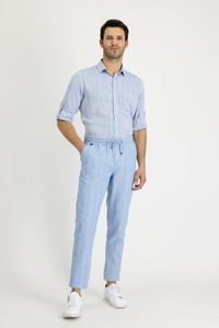Erkek Giyim - Slim Fit Beli Lastikli İpli Çizgili Spor Keten Pantolon