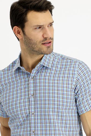 Erkek Giyim - MAVİ L Beden Kısa Kol Regular Fit Ekose Gömlek