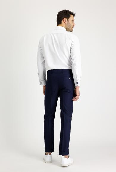 Erkek Giyim - KOYU LACİVERT 58 Beden Slim Fit Klasik Keten Pantolon