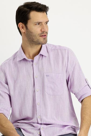 Erkek Giyim - LİLA L Beden Uzun Kol Regular Fit Desenli Keten Gömlek