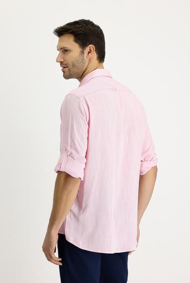Erkek Giyim - ORTA PEMBE L Beden Uzun Kol Regular Fit Desenli Keten Gömlek