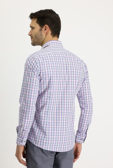 Erkek Giyim - ORTA PEMBE XL Beden Uzun Kol Slim Fit Ekose Gömlek