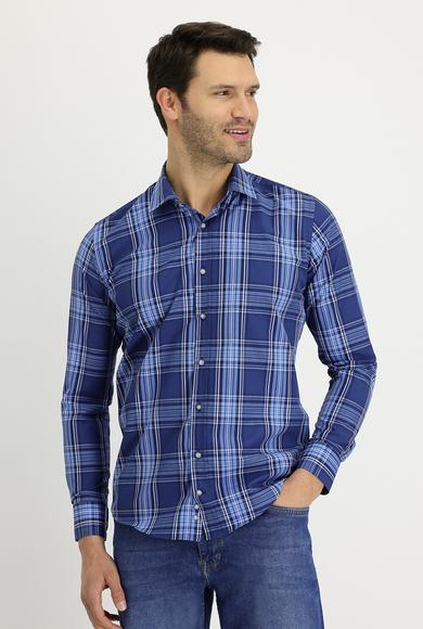 Erkek Giyim - KOYU LACİVERT XS Beden Uzun Kol Regular Fit Ekose Gömlek