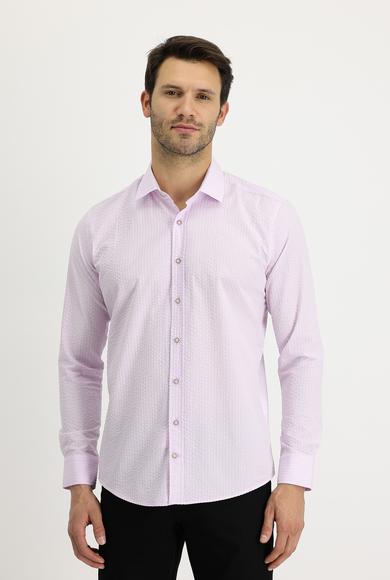 Erkek Giyim - TOZ PEMBE XS Beden Uzun Kol Regular Fit Çizgili Gömlek