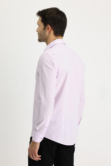 Erkek Giyim - TOZ PEMBE XL Beden Uzun Kol Slim Fit Çizgili Gömlek