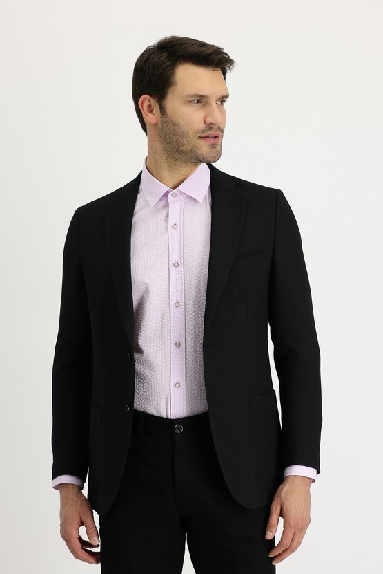 Erkek Giyim - Regular Fit Yünlü Desenli Ceket