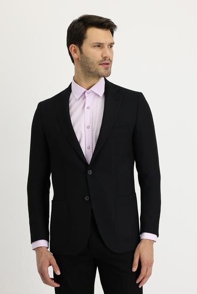 Erkek Giyim - SİYAH 50 Beden Regular Fit Yünlü Desenli Ceket