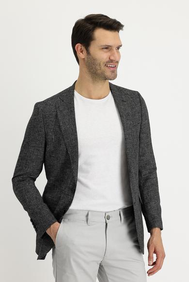 Erkek Giyim - SİYAH 52 Beden Regular Fit Desenli Keten Ceket