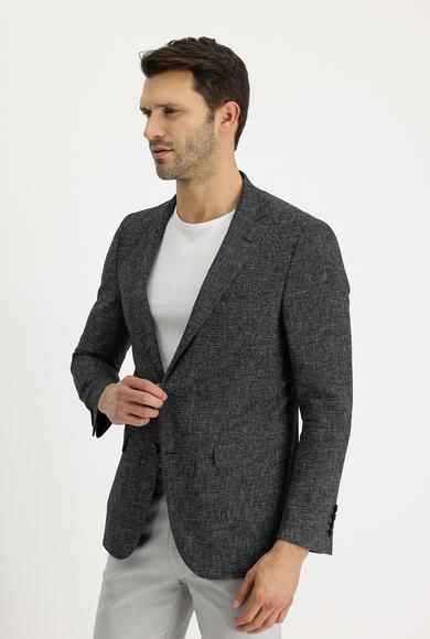 Erkek Giyim - SİYAH 52 Beden Regular Fit Desenli Keten Ceket