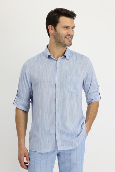 Erkek Giyim - AÇIK MAVİ M Beden Uzun Kol Regular Fit Desenli Keten Gömlek