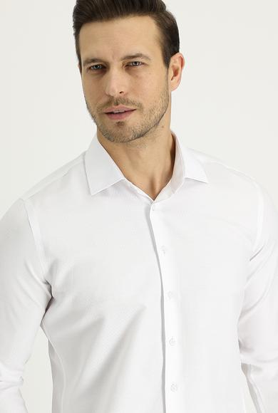Erkek Giyim - BEYAZ M Beden Uzun Kol Slim Fit Desenli Klasik Gömlek