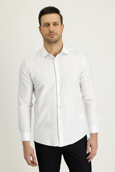 Erkek Giyim - BEYAZ L Beden Uzun Kol Slim Fit Klasik Desenli Gömlek