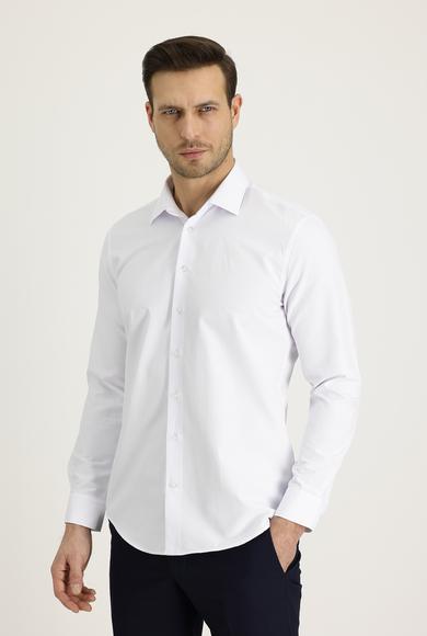 Erkek Giyim - BEYAZ XS Beden Uzun Kol Slim Fit Desenli Klasik Gömlek