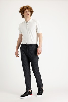 Erkek Giyim - SİYAH 48 Beden Slim Fit Beli Lastikli İpli Desenli Spor Pantolon