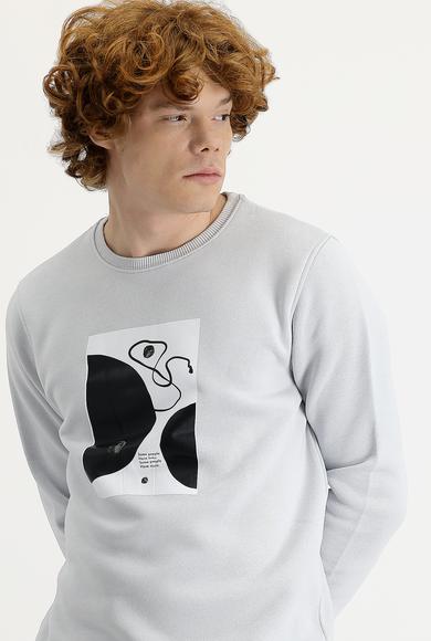 Erkek Giyim - ORTA GRİ XL Beden Bisiklet Yaka Baskılı Sweatshirt