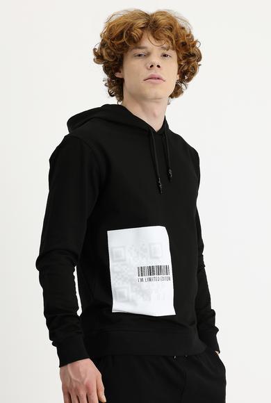 Erkek Giyim - SİYAH XL Beden Kapüşonlu Baskılı Sweatshirt