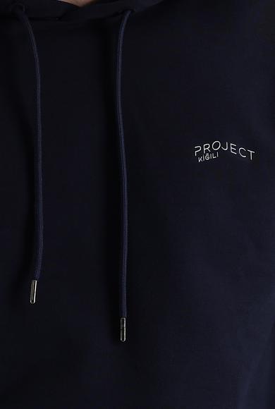 Erkek Giyim - ORTA LACİVERT XL Beden Kapüşonlu Baskılı Sweatshirt