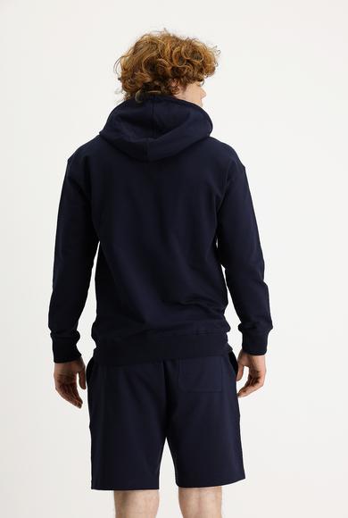 Erkek Giyim - ORTA LACİVERT XL Beden Kapüşonlu Baskılı Sweatshirt