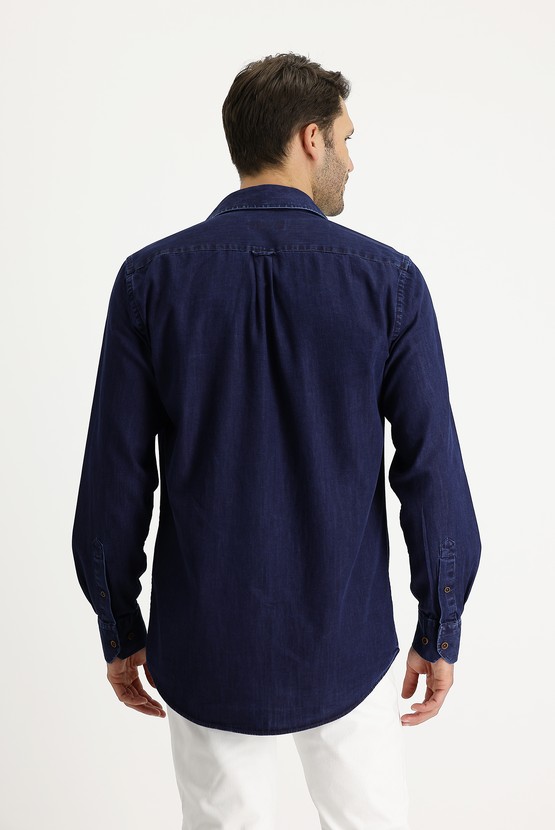 Erkek Giyim - Uzun Kol Relax Fit Körüklü Denim Gömlek