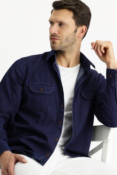 Erkek Giyim - KOYU LACİVERT XL Beden Uzun Kol Relax Fit Körüklü Denim Gömlek