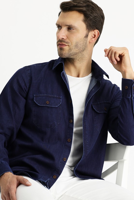 Erkek Giyim - Uzun Kol Relax Fit Körüklü Denim Gömlek