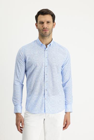 Erkek Giyim - GÖK MAVİSİ S Beden Uzun Kol Slim Fit Baskılı Gömlek