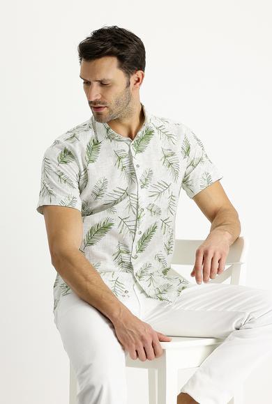 Erkek Giyim - ÇİMEN YEŞİLİ XL Beden Kısa Kol Slim Fit Baskılı Gömlek