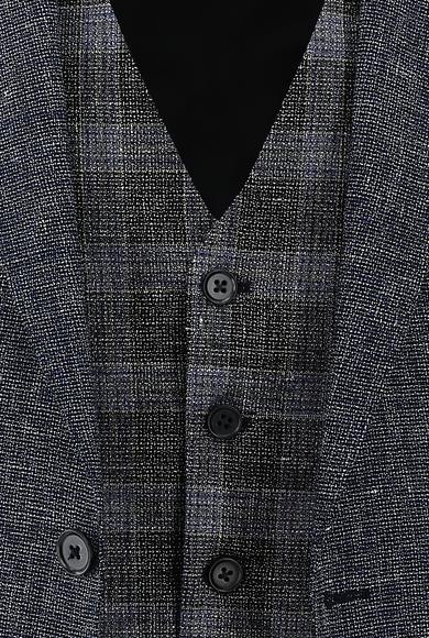 Erkek Giyim - SAKS MAVİ 54 Beden Regular Fit Kombinli Yelekli Keten Takım Elbise
