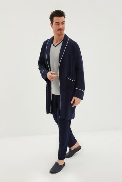 Erkek Giyim - AÇIK GRİ MELANJ XL Beden Çift V Yaka Omuz Dikiş Detaylı 3'lü Penye Roblu Pijama