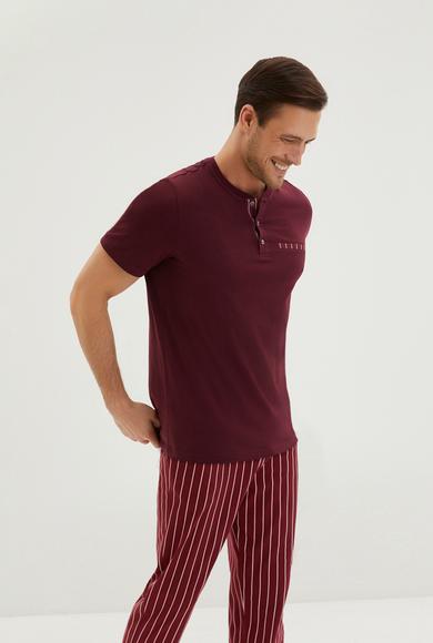 Erkek Giyim - MÜRDÜM L Beden Klasik Kısa Kollu Patlı 2'li Çizgili Pijama Takımı