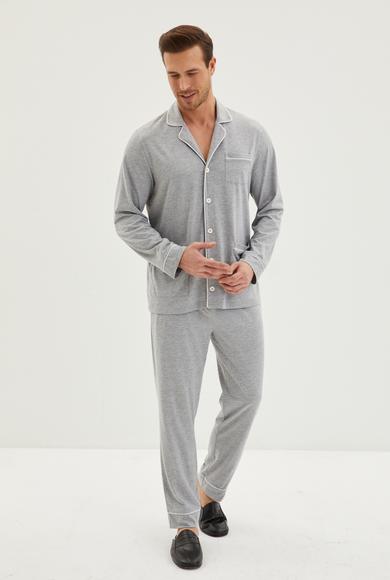 Erkek Giyim - AÇIK GRİ MELANJ XXL Beden Bebe Yaka Düğmeli 2'li Düz Pijama Takımı