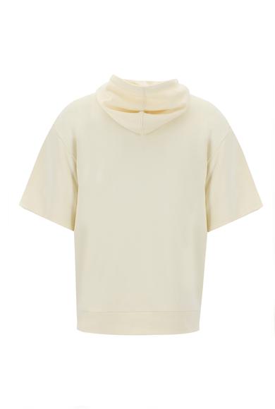Erkek Giyim - EKRU XL Beden Eco-Line Kapüşonlu Yarım Kol Baskılı Sweatshirt