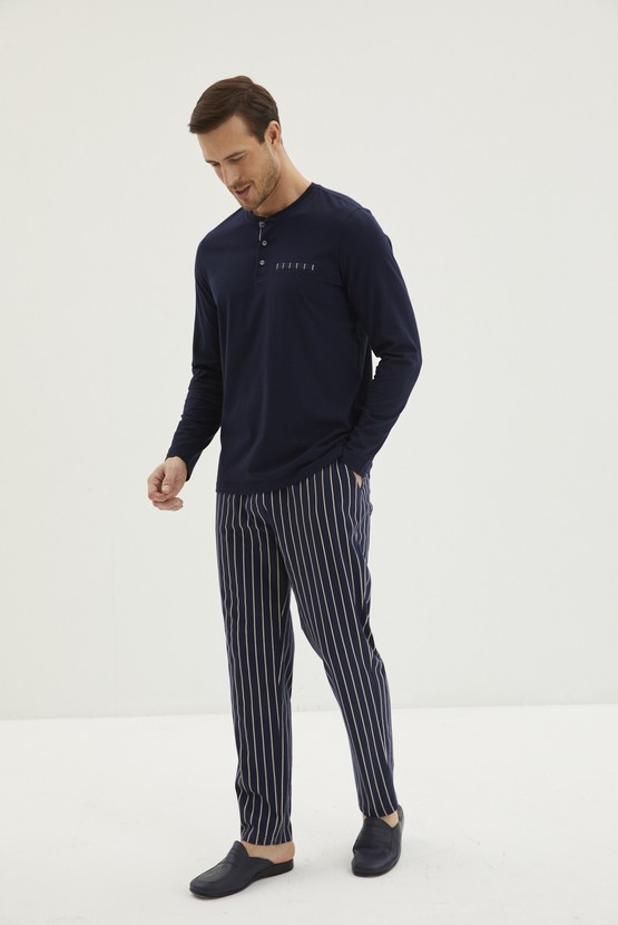 Erkek Giyim - Uzun Kollu Patlı Çizgili 2'li Pijama Takımı