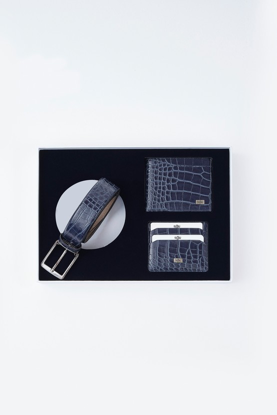 Erkek Giyim - Kroka Desen Kemer & Cüzdan & Kartlık Set