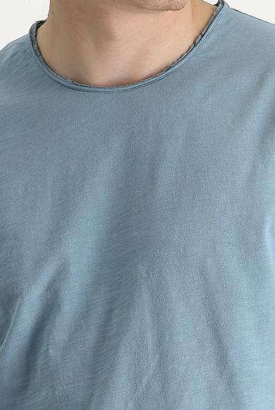 Erkek Giyim - KOYU MAVİ XL Beden Bisiklet Yaka Slim Fit Baskılı Tişört